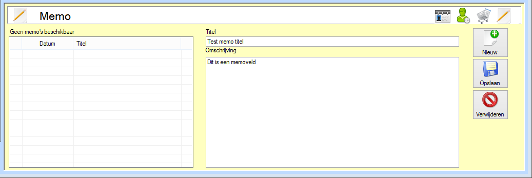Memo Hier kan je informatie of memo s toevoegen over de desbetreffende klant. Je gaat naar het icoon NIEUW en klikt hier 1x met de linkermuisknop op.