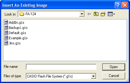 3. Gegevens overbrengen tussen fx-9860g SD/fx-9860G computer Flash- of geheugenbeelden importeren Via FA-124 kunt u een flash- of geheugenbeeld importeren dat in een bestand op de harde schijf van de
