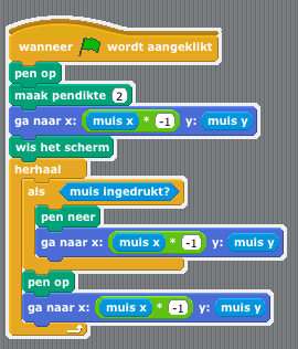 21 Les 14 Doel: We tekenen dubbel. Alles wat je met onderstaand programma tekent wordt in spiegelbeeld nagetekend. Aanpak: Neem de 2 programma s over die je hieronder vindt.