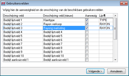 118 Relatiebeheer Kies uw gebruikersvelden zorgvuldig, en gericht op de lange termijn. Maak een analyse van de essentiële kenmerken waarop u uw relaties en/of contactpersonen wilt kunnen selecteren.