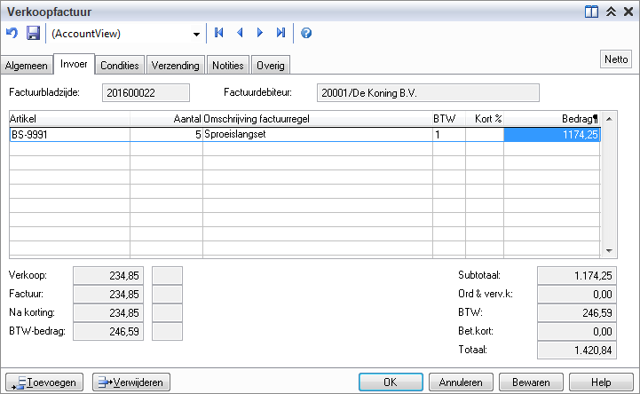 Facturering 251 3. Druk op f4 in Verzenddebiteur in en selecteer de debiteur KONINGDE. 4. Wijzig zonodig Omschr verk.factuur. 5. Selecteer de tab Invoer (alt+2). 6.