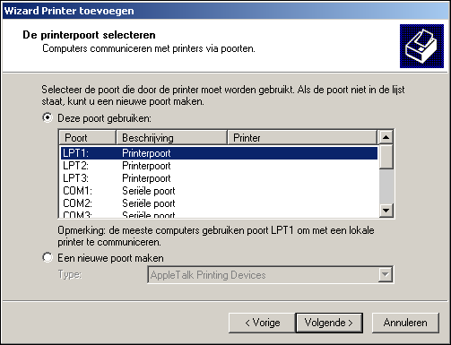 PRINTERSTUURPROGRAMMA S INSTALLEREN 17 4 Selecteer LPT1: en klik op Volgende. 5 Klik op Diskette in het dialoogvenster met lijsten van fabrikanten en printers.