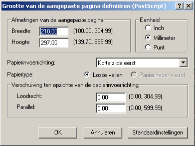 AFDRUKKEN 52 4 Klik op Geavanceerd. 5 Selecteer Aangepast paginaformaat PostScript in de lijst Papierformaat. Het dialoogvenster Grootte van de aangepaste pagina definiëren (PostScript) wordt geopend.