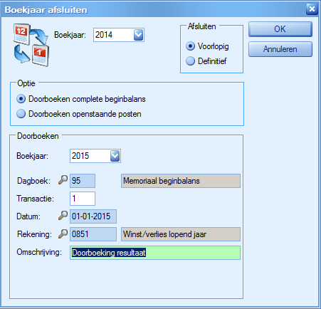 7. Draai een (voorlopige) jaarafsluiting naar boekjaar 2015 Start het programma afsluiten boekjaar, via tabblad Extra Afsluiten - Kies voor Voorlopig Voorlopig kan een onbeperkt aantal keer worden