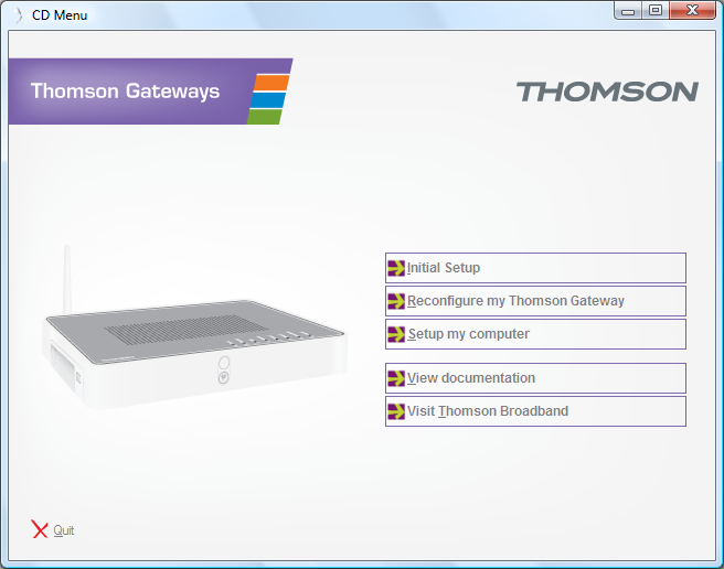 1 Installatie cd-menu Klik in het cd-menu op: Eerste installatie om uw computer aan te sluiten op de Thomson Gateway en deze te configureren.