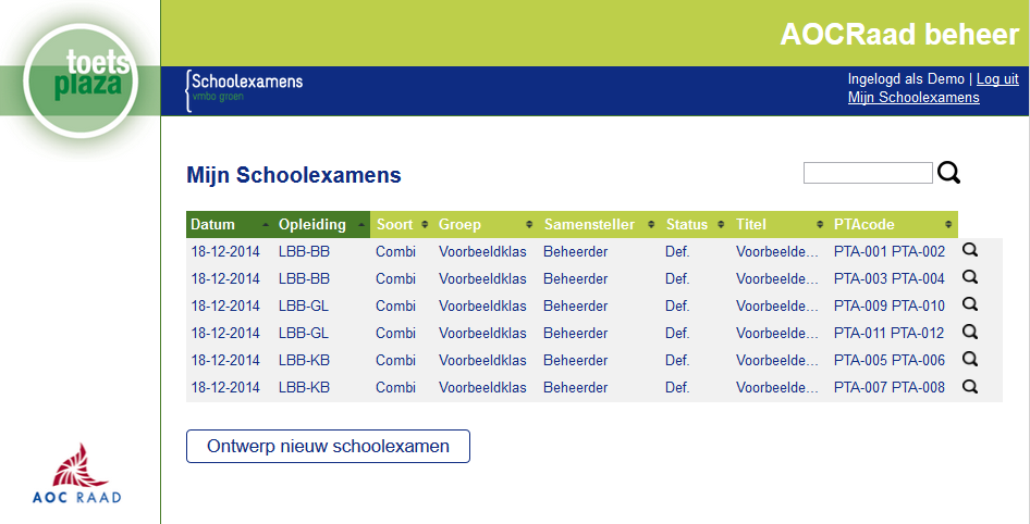 - 8-4 Het overzichtsscherm Eenmaal ingelogd komt u op het overzichtsscherm: U bereikt dit scherm door vanaf elke pagina van de Schoolexamenbank vmbo Groen rechts bovenin op Mijn Schoolexamens te