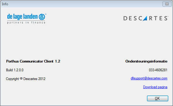 In dit scherm vindt u de versie van de PCC die in gebruik is, het telefoonnummer en e-mailadres van Descartes, en een link naar de download pagina van de PCC.