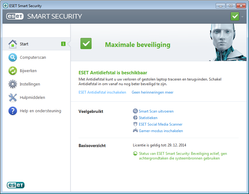 ESET Smart Security starten ESET Smart Security beschermt uw computer direct na installatie. U hoeft het programma niet te openen om het te starten.