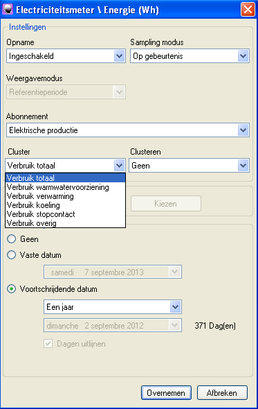 CONFIGURATIE VAN DE FUNCTIES VOOR VISUALISATIE VAN VERBRUIK Tarief op apparaat: Uitsluitend elektrische energie (met Cluster van een apparaat dat het huidige tarief kan detecteren).