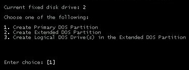 U komt nu weer in het eerste menu met de 5 opties. Kies deze keer optie 1, Create DOS partition or Logical DOS drive [Een DOS-partititie of logisch DOS-station maken] en druk op Enter.