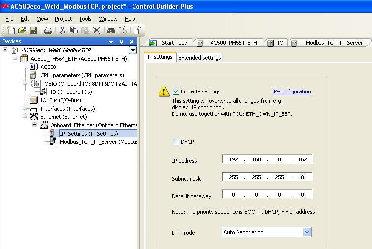 Het instellen van het IP-adres van de AC500-eco. Dubbelklik op de IP_Settings Zet het vinkje bij de Force IP settings.