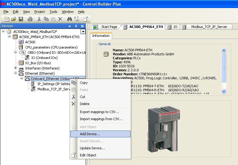 Het schrijven van het plc programma. Open de control builder en maak een nieuw project aan. In deze test is dat de PM564 met ethernet aansluiting.