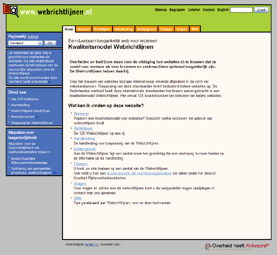 110 Bijlage1: screenshots 'oude' website Webrichtlijnen Dit is de