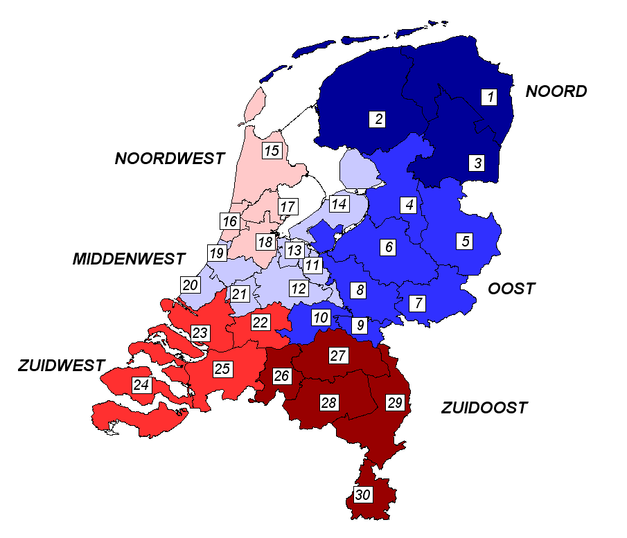 In het onderstaande kaartje van Nederland zijn de zes UWV-districten weergegeven met de onderliggende 30