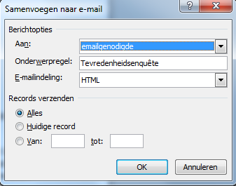 6: Verzenden van de uitnodigingen Kies in het Wordbestand voor het tabblad Verzendlijsten. Klik op Voltooien en Samenvoegen. Klik op Emailberichten verzenden.