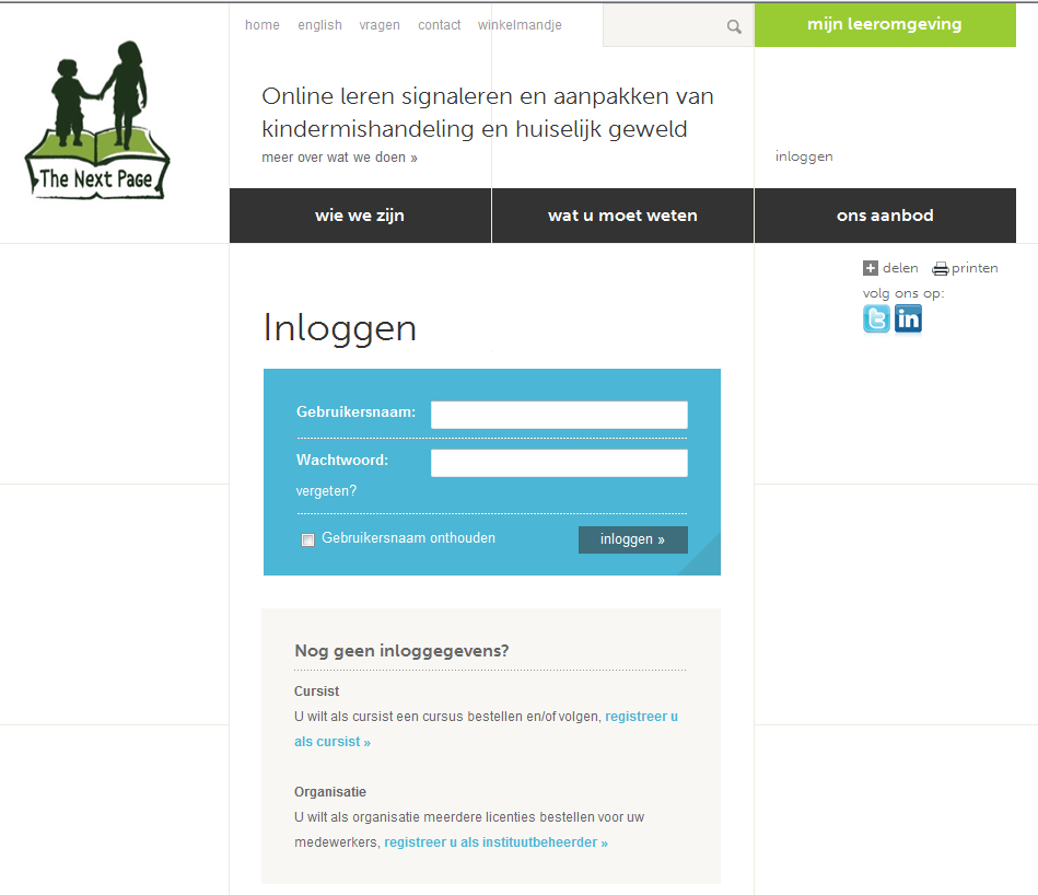 2.3) Stap 3. Inloggen voor beheer van cursussen Log in via www.thenextpage.nl. Na het inloggen kunt u via mijn leeromgeving naar de beheerpagina.