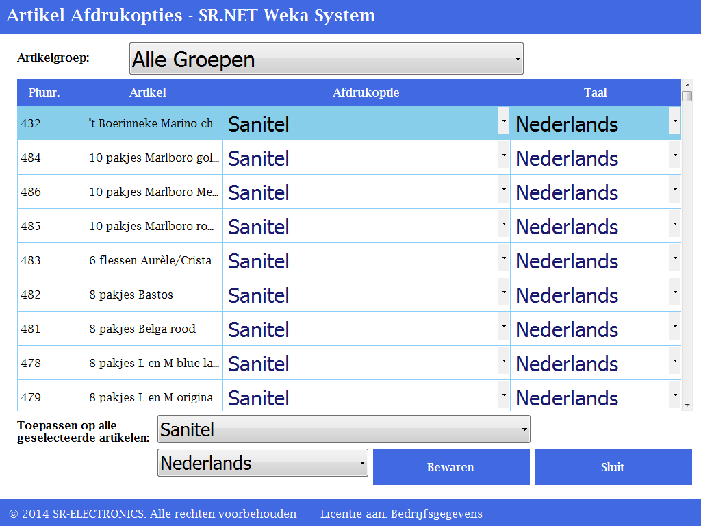 SR.NET - LABELEN 4. Selecteer een taal, u kunt dit per artikel instellen ofwel via de optie Toepassen op alle geselecteerde artikelen. (zie Figuur 10.2.3) Figuur 10.2.3 5.