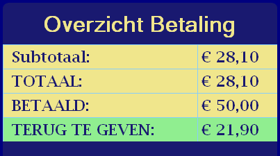 3.1 Kies nu een betaalmiddel naar wens. (zie Figuur 2.4.3.12) Het ingegeven bedrag en eventueel nog te betalen of terug te geven word weergegeven op het betaal- en klantenscherm.