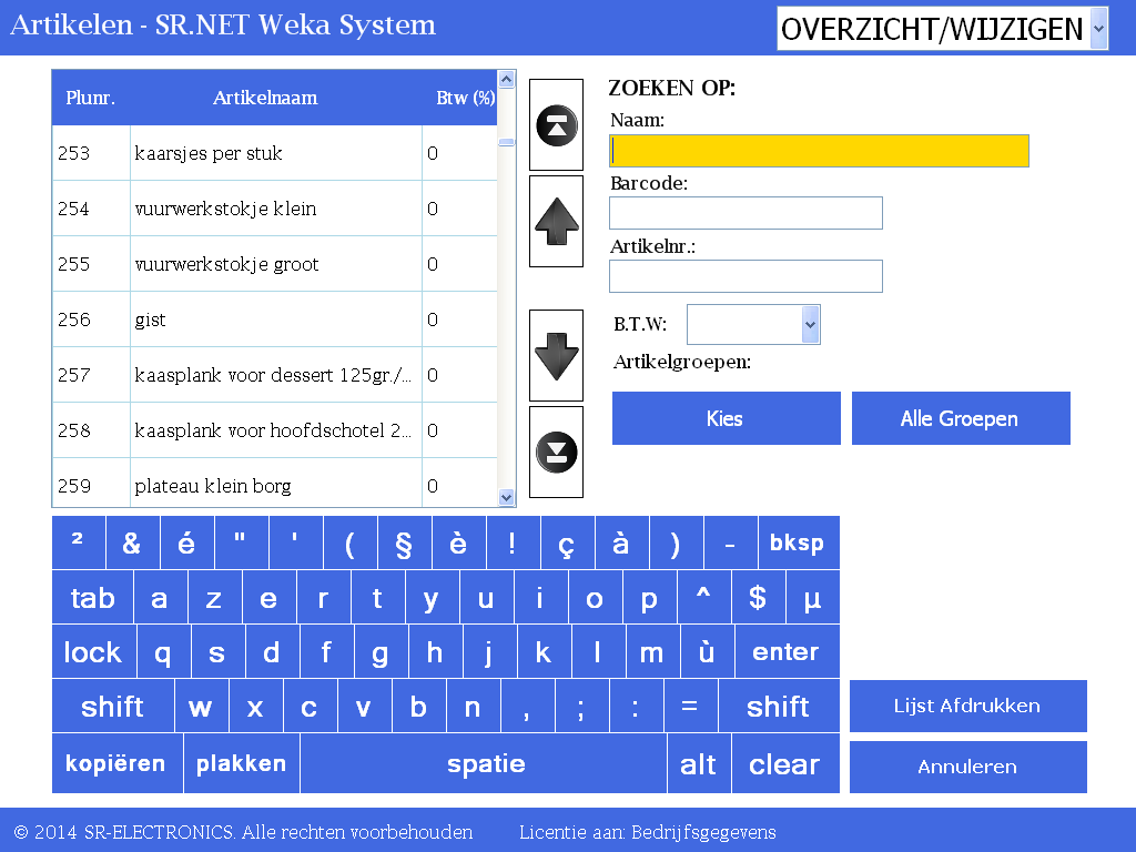 SR.NET - Gegevens beheren in de SR.NET Software 6.4.4 Lijst afdrukken via thermische printer (60mm of 80mm) 1. Druk op de toets Wijzig/Overzicht Artikelen in het scherm Instellingen. (zie Figuur 6.4.4.1) Figuur 6.