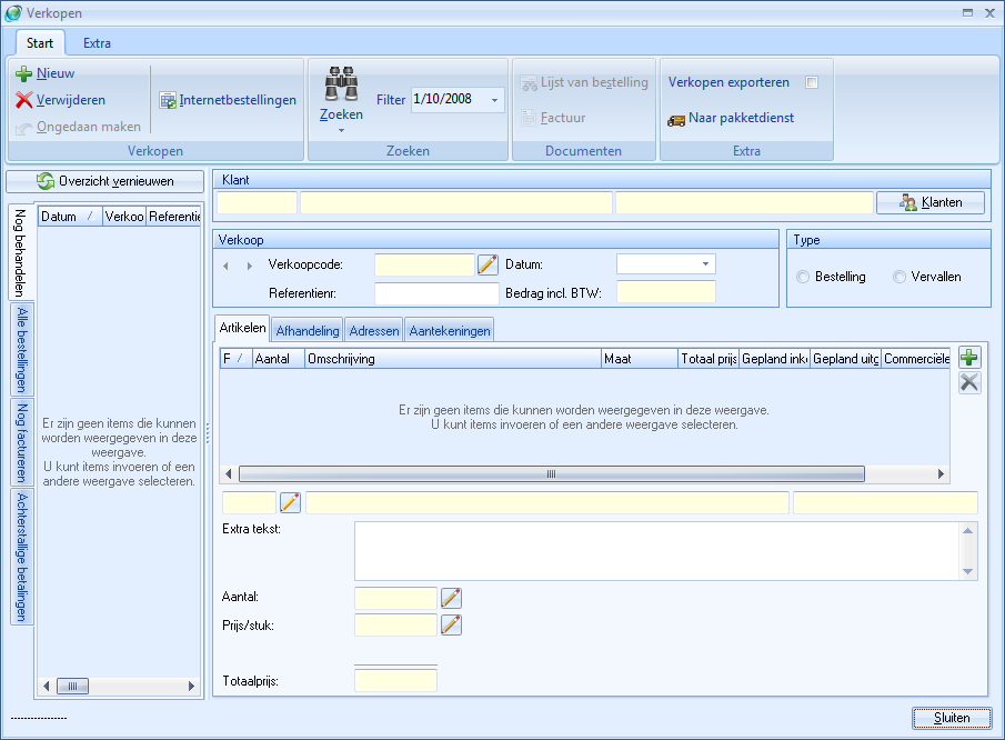 Hoofdstuk: 10 Handmatig bestel- en klantgegevens invoeren 10.3 Bestelgegevens handmatig invoeren Het handmatig invoeren van een bestelling gebeurt in het venster Verkopen.