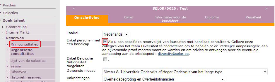 Als je vervolgens via Zoek talent -> Reserves -> Mijn consultaties de consultatie verder aanvult, kan je de optie Enkel personen met een handicap