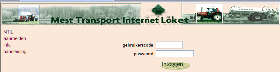 12 2. REGISTRATIESCHERM: inloggen 2.1 Inloggen: toegang voor de MTIL-gebruiker Nadat u in het openingsscherm op de knop inloggen hebt geklikt (zie 1.2.2), komt u in het registratiescherm terecht : U moet hier uw toegangscodes, bestaande uit een gebruikerscode en een paswoord, invullen.