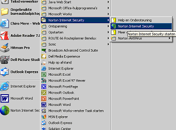 61 2. Norton Internet Security 2005 Norton Internet Security 2005 kan je voorlopig uitschakelen, door met je rechter muisknop te klikken op de gele bol rechts