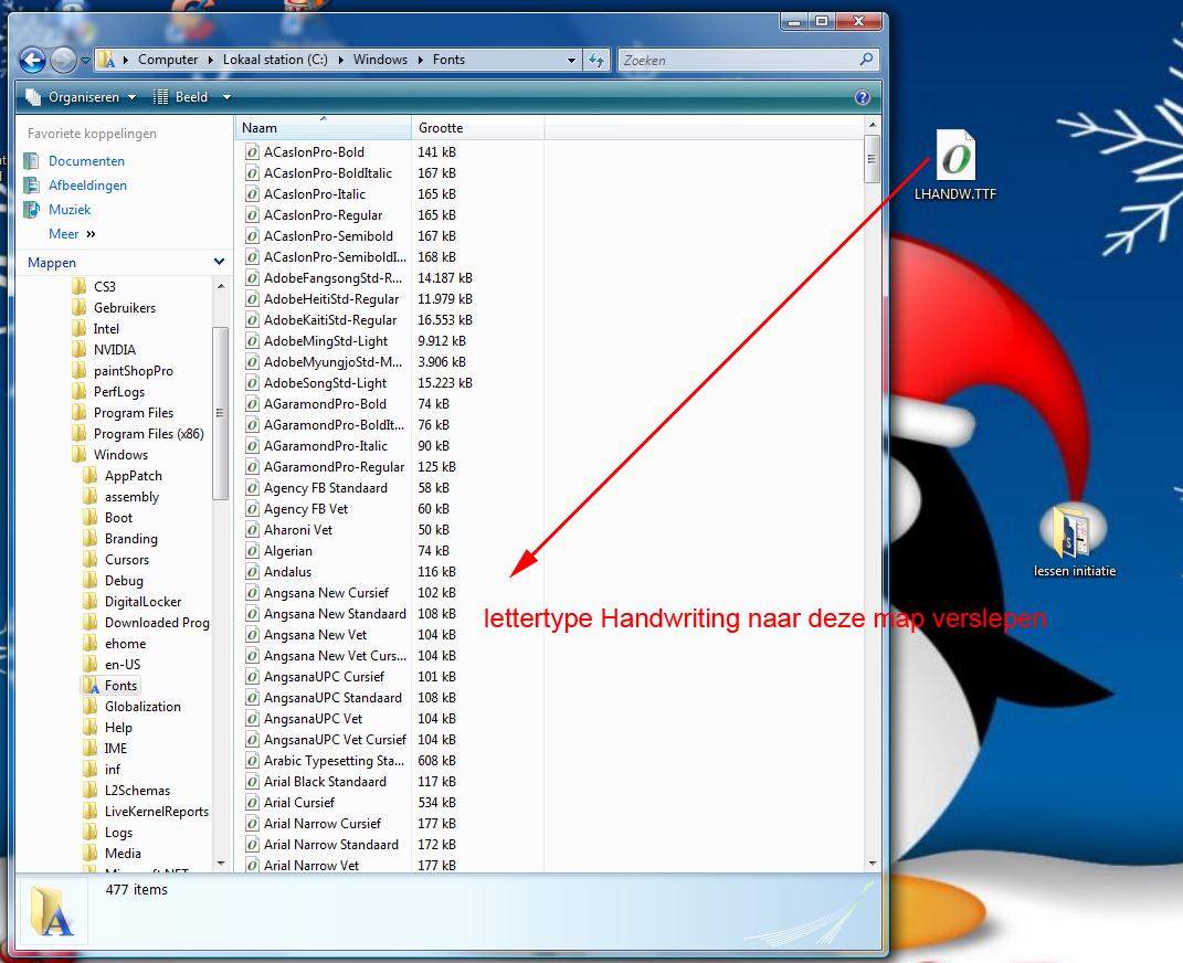 Het bewuste lettertype staat op mijn bureaublad en de grootte van het venster ernaast is wat aangepast. Al wat je moet doen is dit lettertype aanklikken en verslepen naar die map Fonts.