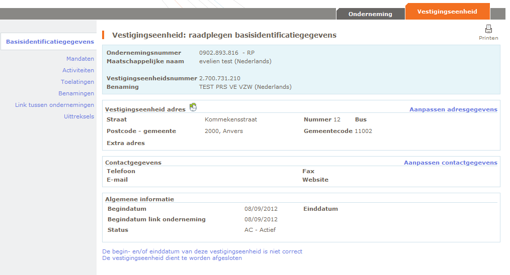 Aan de linkerzijde vindt u alle mogelijkheden voor het raadplegen van de detailinformatie. Telkens u een link aanklikt verschijnen de gewenste detailgegevens. 6.