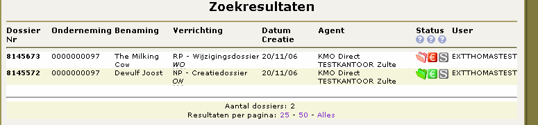 De resultaten worden getoond in een lijst, tenzij er slechts één dossier gevonden wordt. In dat geval gaat onmiddellijk de dosssierpagina open.