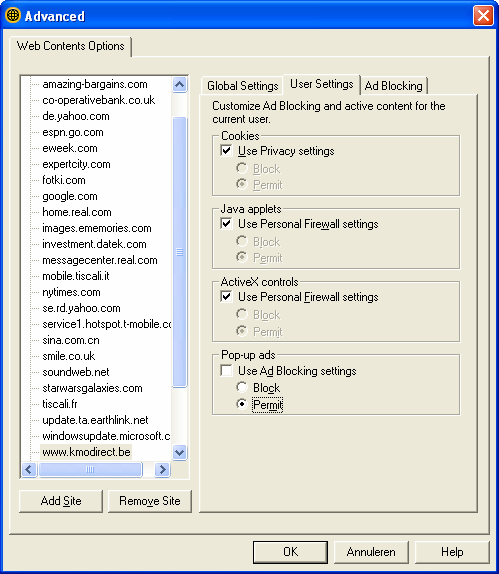 Voeg www.kmodirect.be toe aan de lijst met websites en stel de instellingen in zoals hoe ze hieronder ziet. 6.
