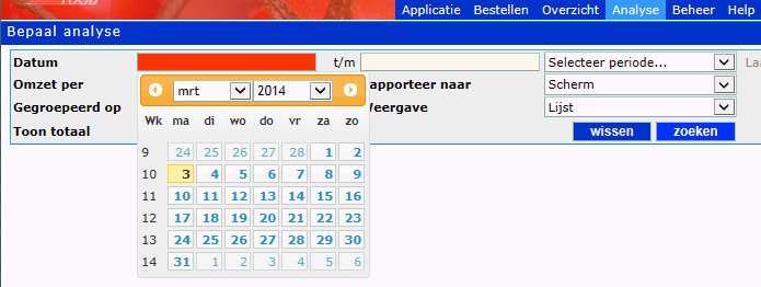 (maak hierin je keuze) PERIODE via de kalender op exacte data of een via vastgestelde periodes.