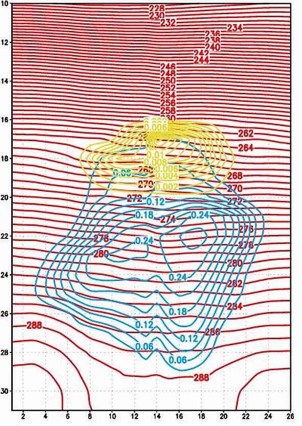 Figuur 2.4. Concentratie van micro-meteoren (g/kg) in een verticale doorsnede van de atmosfeer, bekomen met het nieuwe schema. Geel: ijs, blauw: druppels, rood: temperatuur (Kelvin).