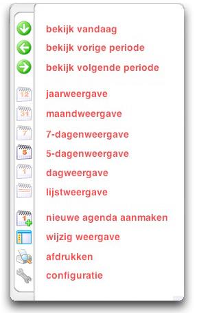 Je kan de kalenders op verschillende manieren bekijken. Maak een keuze via de knoppenbalk: de 5-dagenweergave en de dagweergave zijn de belangrijkste.