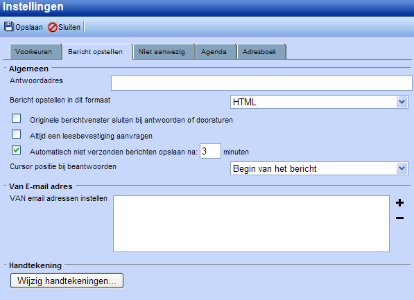 Screenshot 54: Instellingen; voorkeuren Screenshot 55: Instellingen: bericht opstellen 1.13.