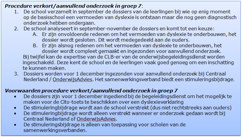 Figuur 1 Procedure verkort/aanvullend onderzoek in groep 7 In het stroomschema wordt de route naar de verschillende vormen van diagnostisch onderzoek weergegeven.