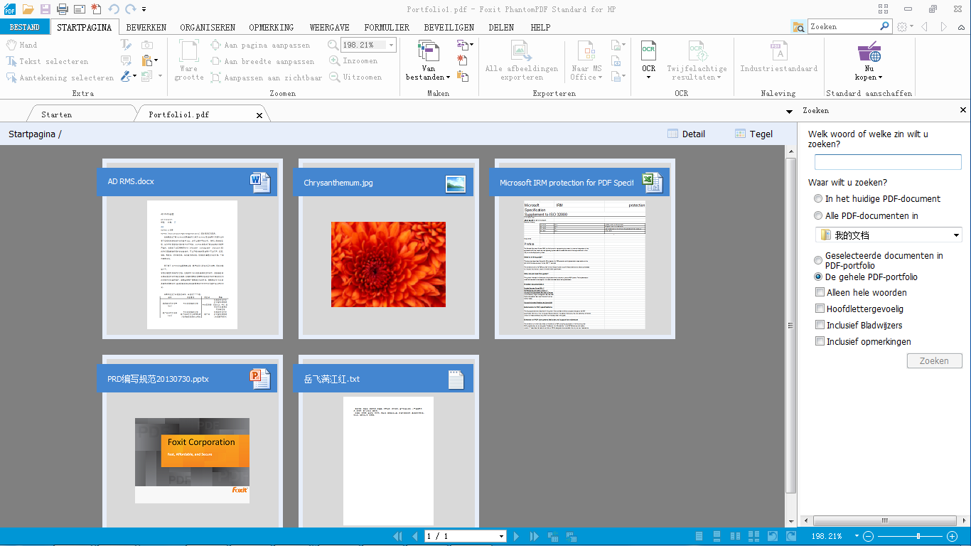 Foxit PhantomPDF Standard biedt de mogelijkheid om PDF-portfolios weer te geven en af te drukken en om naar trefwoorden in PDFs in de portfolio te zoeken.
