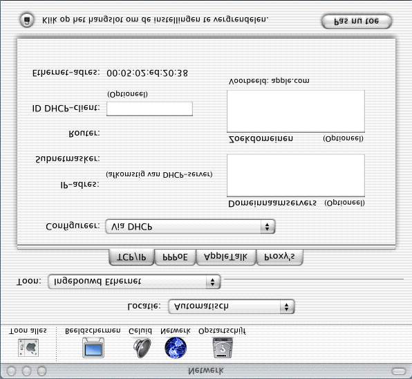 Configuratie onder MacOS / MacOS X Mac OS (8.x / 9.x) Klik op Apple (icoon) > Regelpanelen > TCP/IP. Onder Verbind via selecteert u Ethernet. Onder Configureer selecteert u Via DHCP-server.