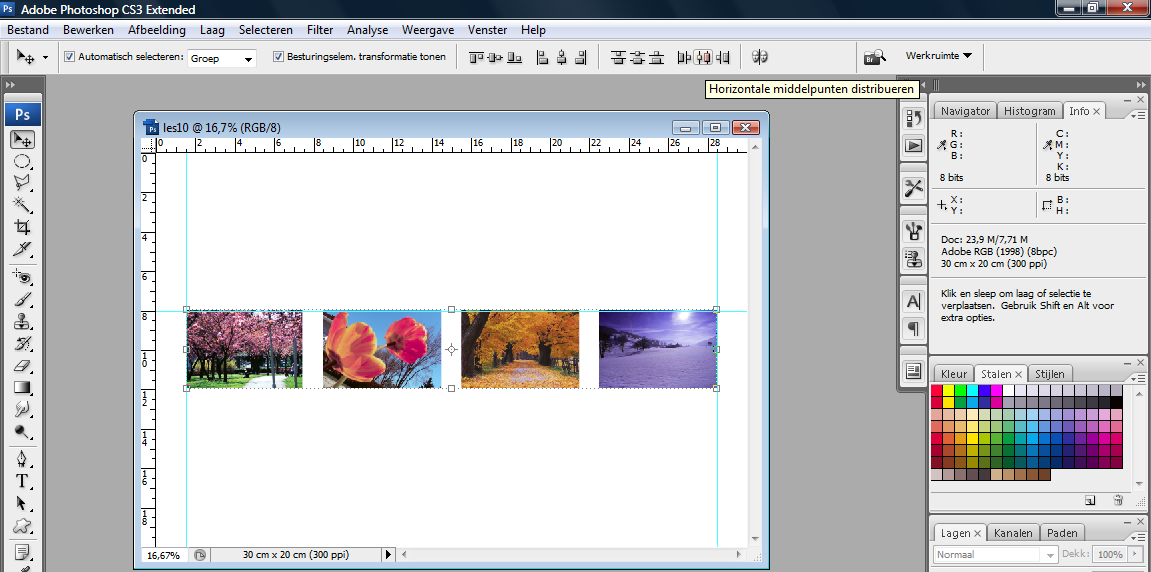 Selecteer het verplaatsgereedschap, in optiebalk klik je op horizontale middelpunten distribueren, dit wil zeggen dat alle foto s nu op gelijke afstand van mekaar zullen staan.