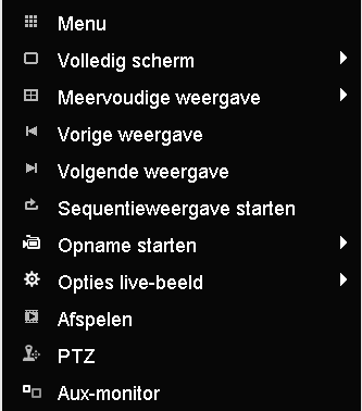 R Continu-opname Menu bij muisbediening In de kopregel bevinden zich de menu's menu en afspelen Aan de rechterzijde van de kopregel bevinden zich de datum en de tijd van het apparaat.