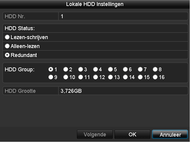 HDD Parameters Op HDD-groep opnemen Camera HDD-Sleepfunctie activeren Instelling HDD-groep kiezen Kiezen welke camera's op de actueel gekozen groep moeten worden opgeslagen Als deze functie