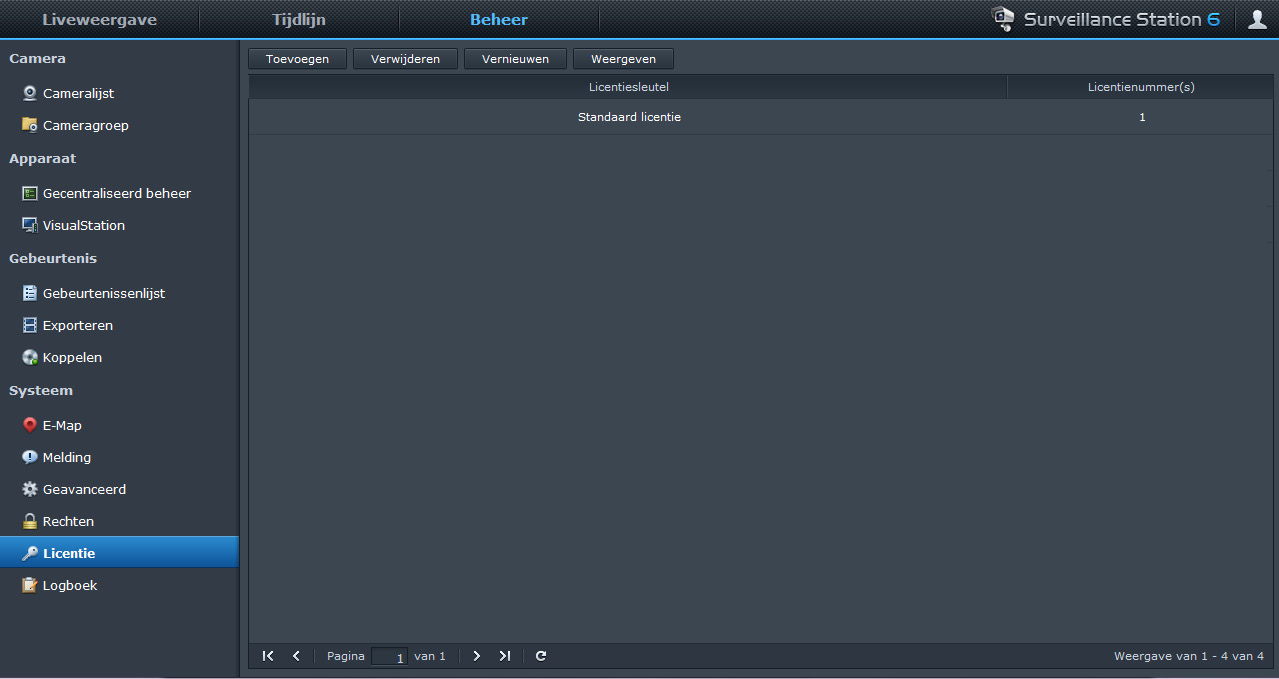 Gebruikershandleiding voor Synology DiskStation Een camera licentie installeren Ga naar Systeem > Licentie onder Beheer om de cameralicentie te beheren.