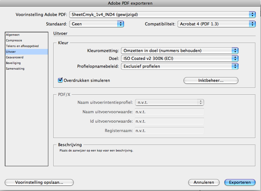 Transparantie wordt afgevlakt wanneer een bestand wordt afgedrukt naar PostScript of wordt gedistilleerd naar Adobe PDF 1.4 - -PDF 1.7. Bestanden in de eigen indeling van Illustrator (.