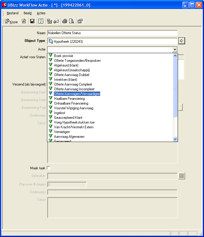 Afbeelding 6.3 Nu moet worden aangegeven op welke actie van het Object deze taak moet worden aangemaakt. In dit voorbeeld kiest u voor de actie Offerte Aanvragen/Vervaardigen.