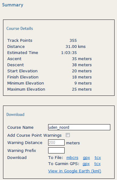 5. Route opslaan / exporteren - klik op tabblad Summery - bij download - course name invullen - download to Garmin GPS als je het bestand meteen op je GPS wilt zetten (zie punt 6) - download to file