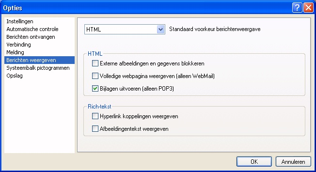 11115-Pop Peeper als mail-melder.doc Blz 5 / 6 Tab Instellingen Tijdens de installatie is het NL-taalbestand (dutch.plf) toegevoegd aan de POP Peeper map en is gekozen voor het Nederlands.