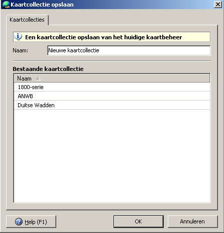 Kaartcollecties Een belangrijke instelling bij kaartenbeheer kunt u opslaan als z.g.n. kaartcollectie met een zelfgekozen naam, bijv. de 1800-serie, waarbij alle overzichtskaarten uitgevinkt zijn.