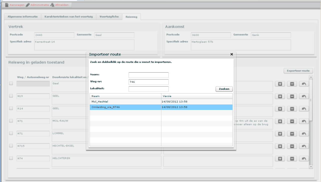 Afb. 49 In het voorbeeld vullen we wegnummer 746 in. Er verschijnen 2 reiswegen, waarvan we de tweede kiezen door op die lijn te dubbelklikken.