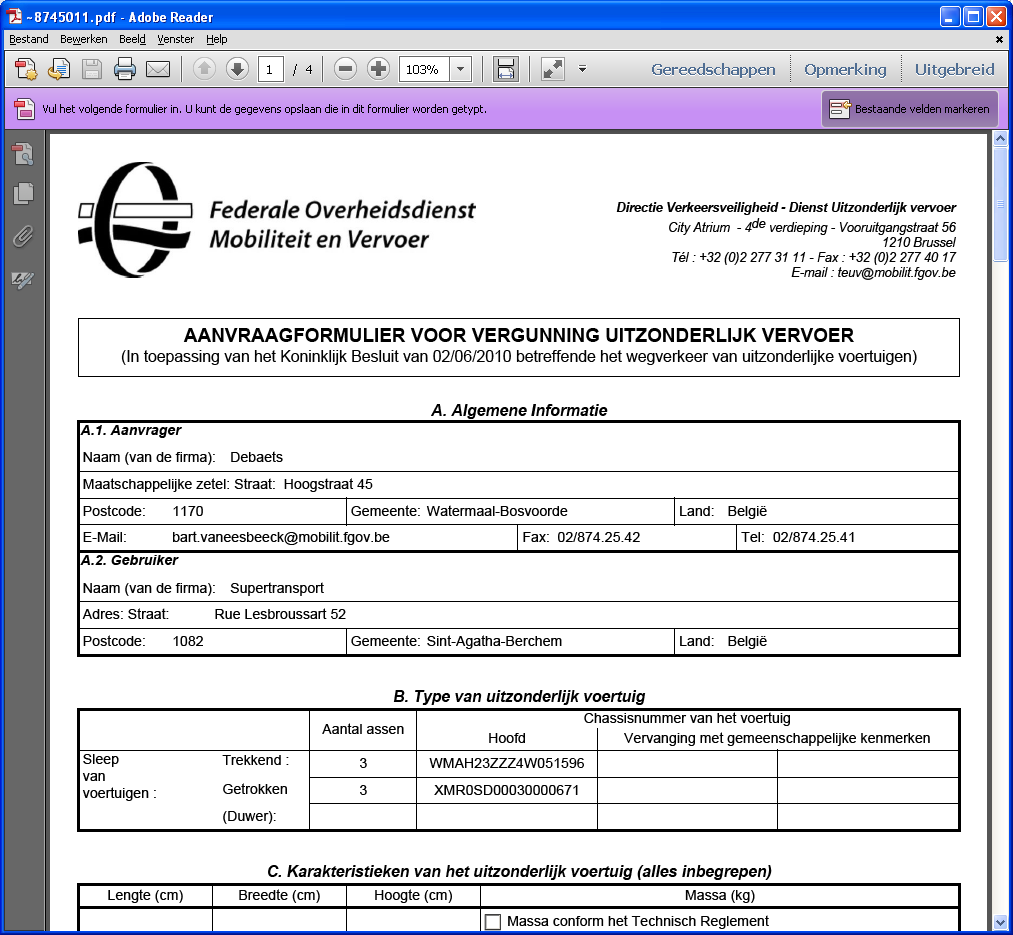 Er verschijnt een PDF-formulier met uw aanvraag. Afb.