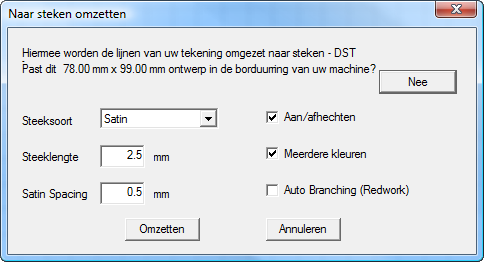 3.1.8 Bestand: Omzetten naar Steken - instellingen voor zigzag lijnontwerpen Deel 3 - Menu s Menu Bestand > Naar steken omzetten: instellingen voor zigzag lijnontwerpen: Met de combinatie Steeksoort